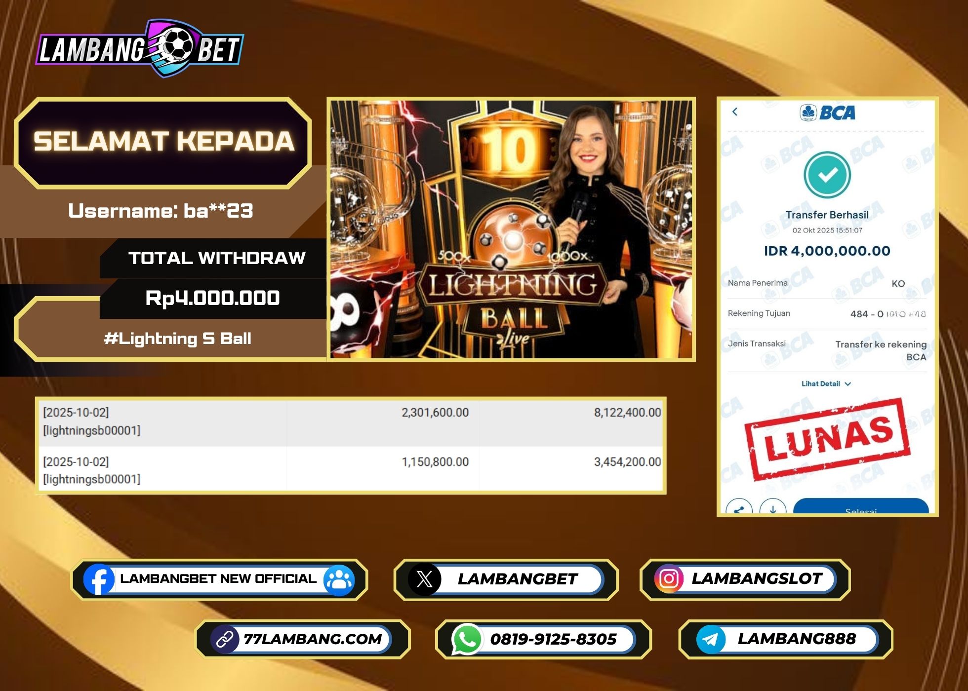 LAMBANGBET [2 OKTOBER 2025] JACKPOT LIVE CASINO Lightning S Ball "Rp4.000.000" LUNAS